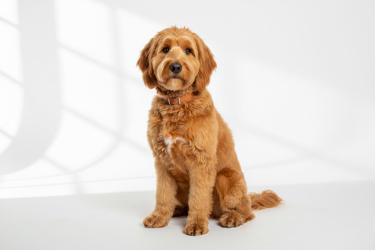 Goldendoodle outdoors with healthy coat, representing premium nutrition benefits